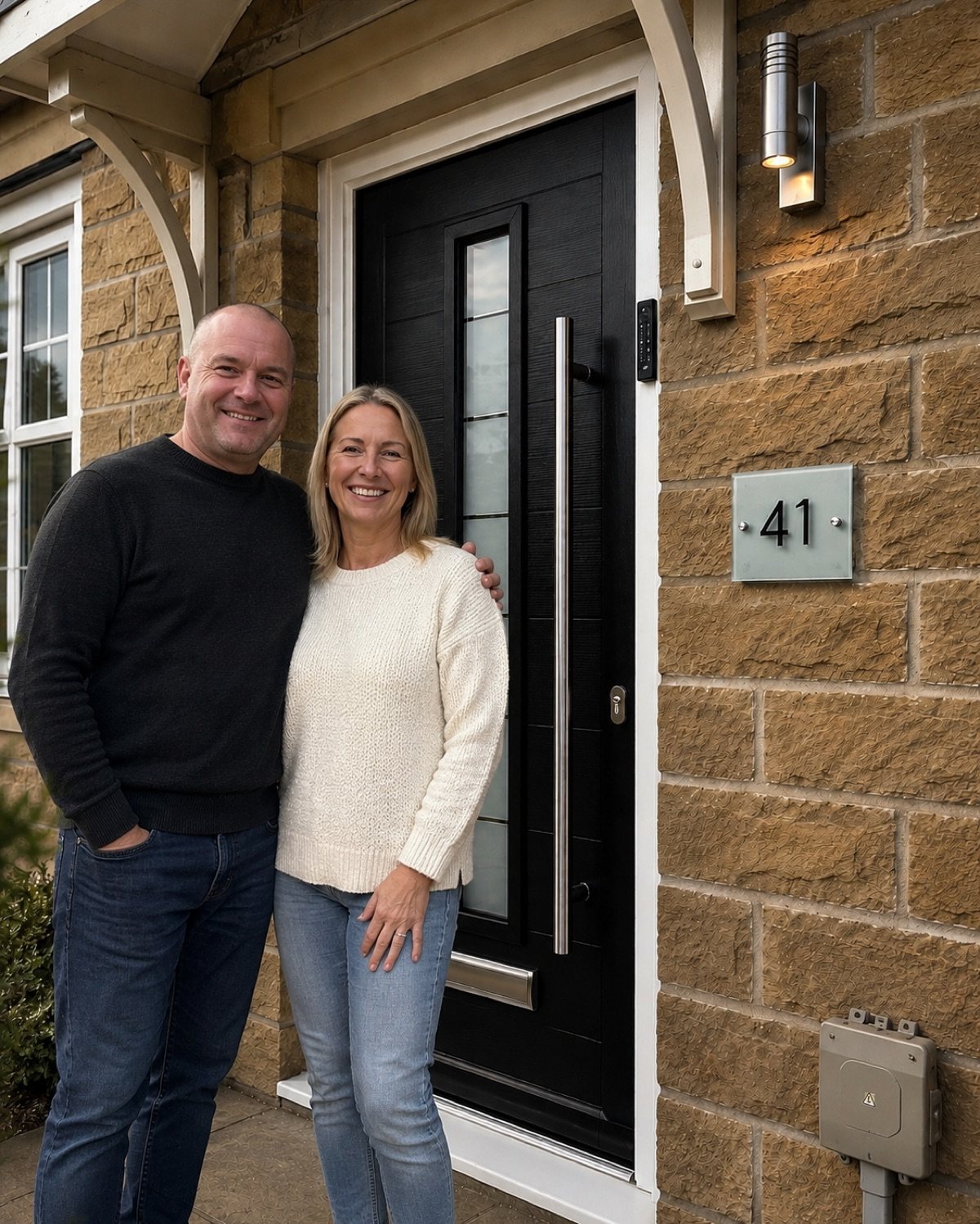 Homeowners beside a Monza Augusta Long composite door in Black