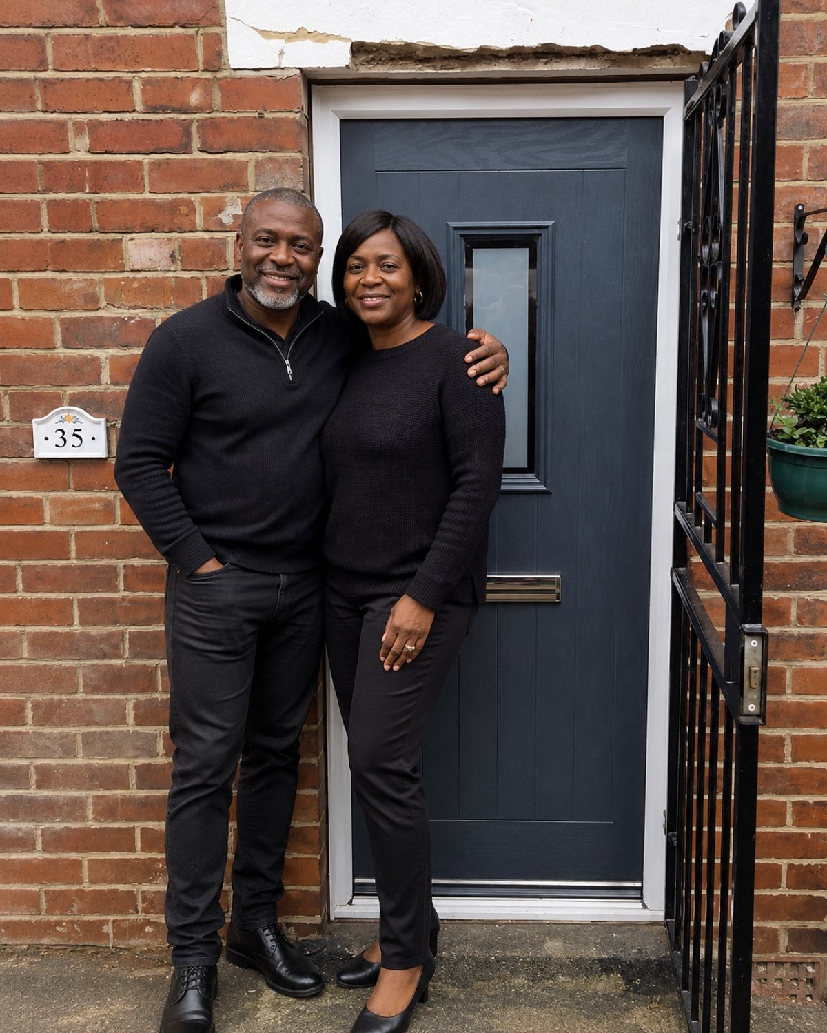 Homeowners beside a Sunningdale composite door in Anthracite