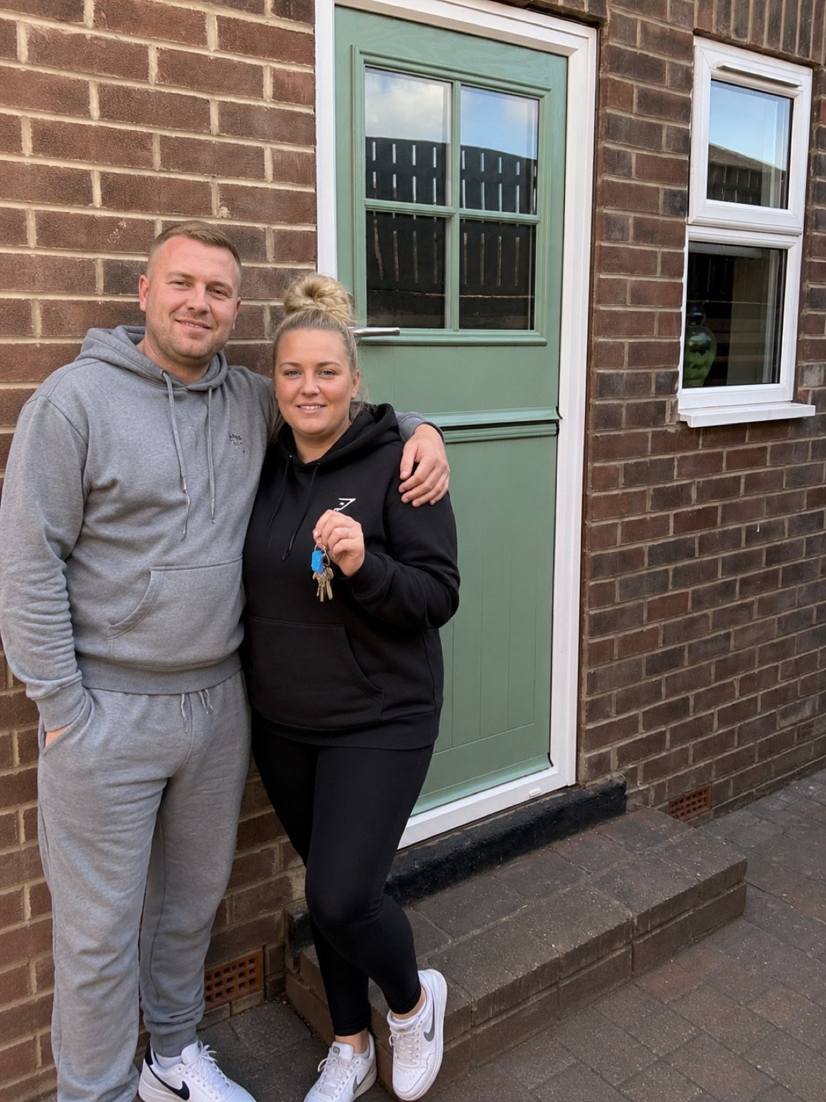 Homeowners beside a Merion Stable composite door in Chartwell