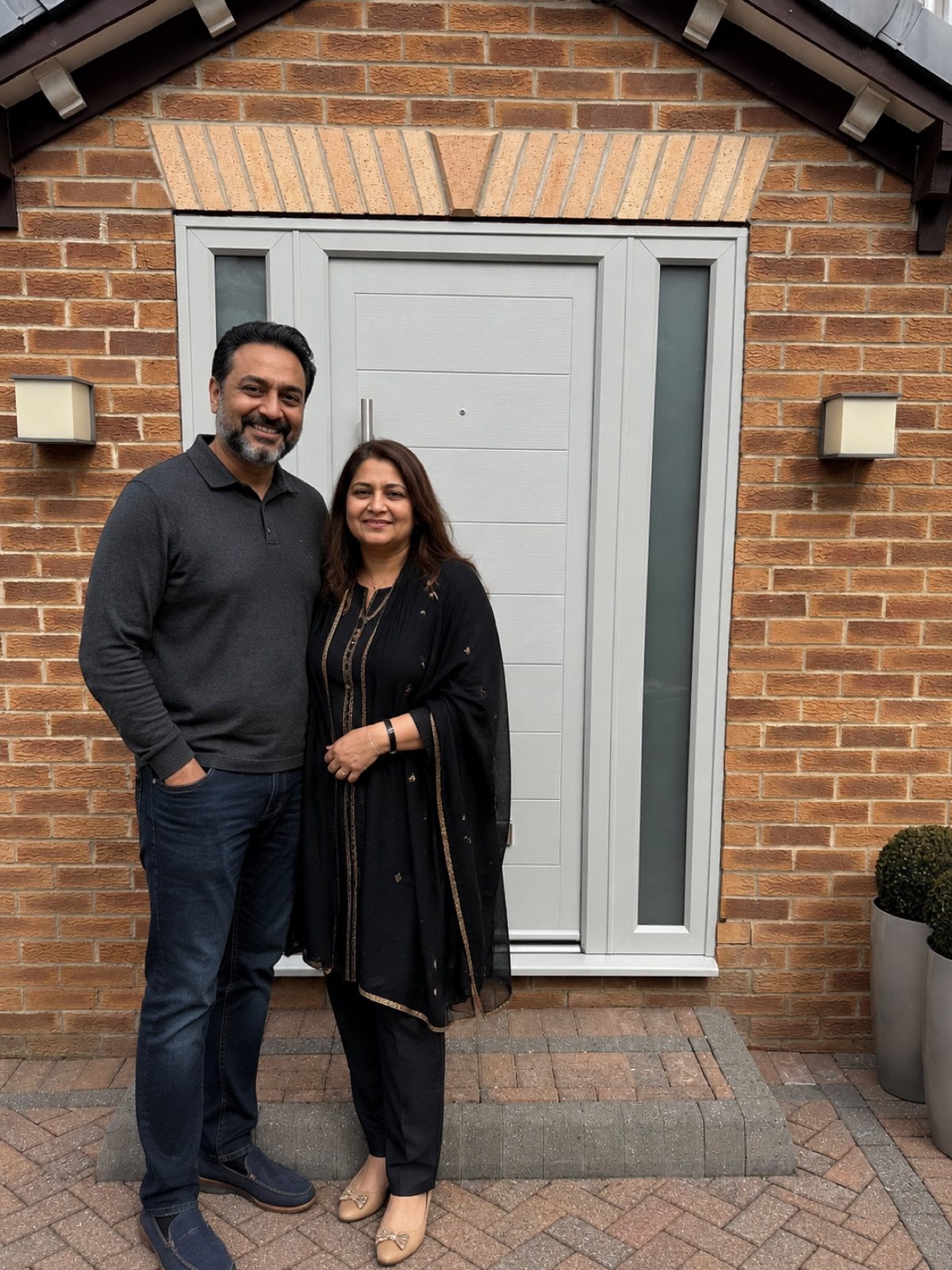Homeowners beside a Monza Solid composite door in Agate with sidelights